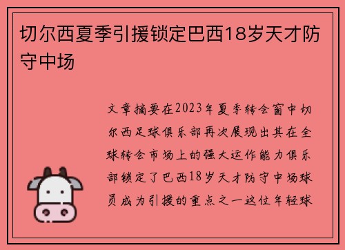 切尔西夏季引援锁定巴西18岁天才防守中场